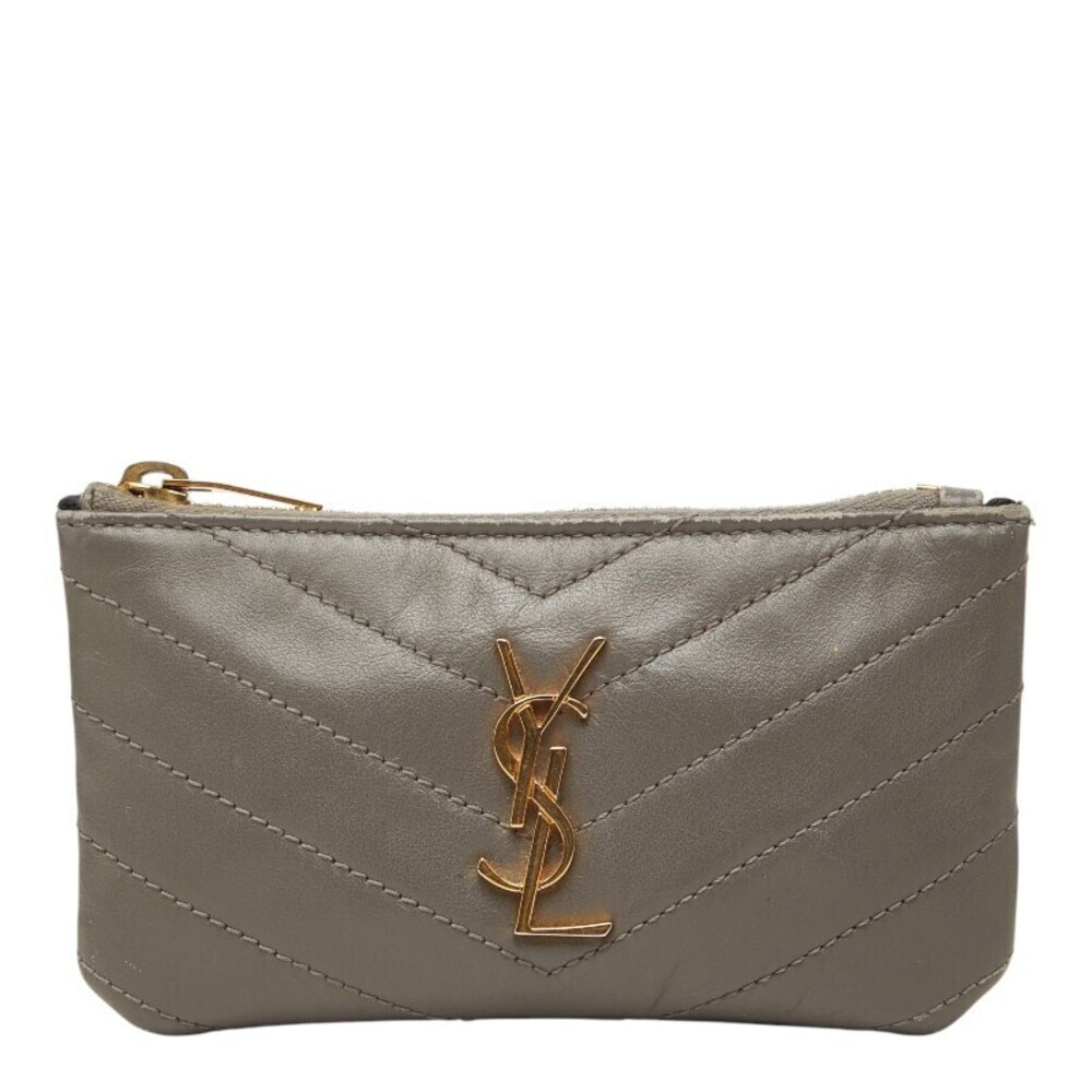 Saint Laurent V stitch coin case Wallet gray leather